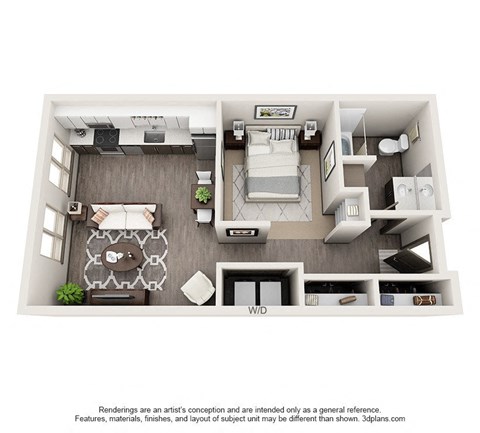 Floor plan for studio, 1 bath, 604 sqft